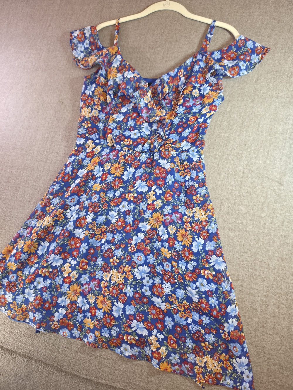 By&By Blue Summer Flowy Floral Ruffle Cold-Shoulder Dress Womens/Juniors Small